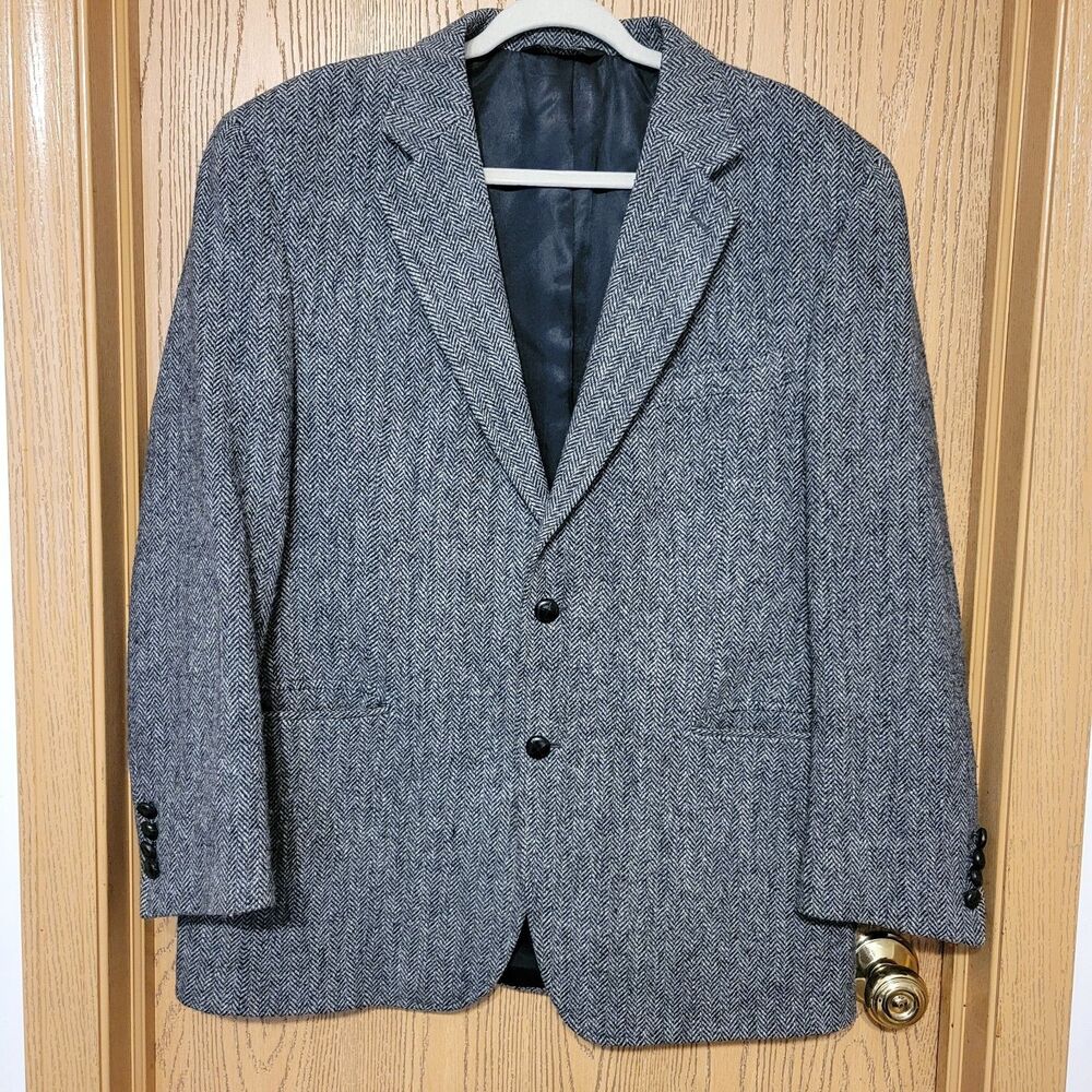 Jos A. Bank Harris  Tweed  Gray Herringbone Wool Two Button  Blazer Jacket  43 R